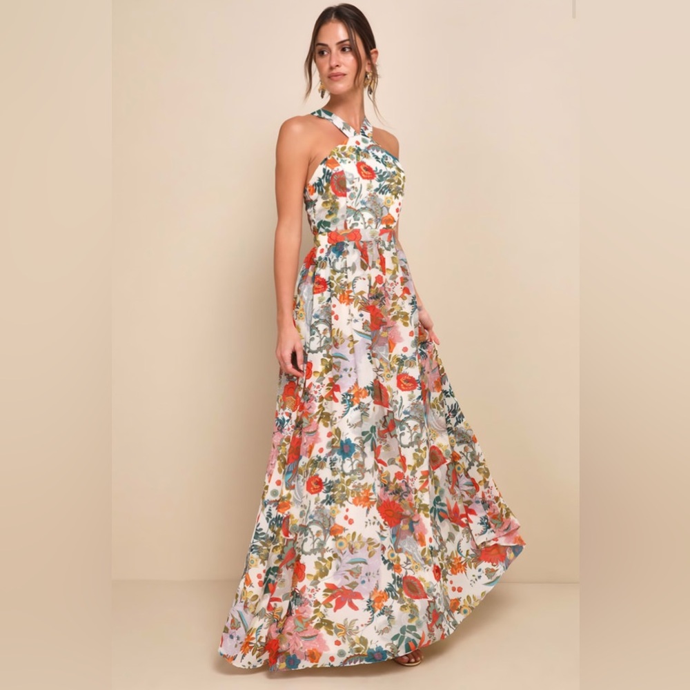 Lulus Cream Floral Print Maxi Dress – Size: XS